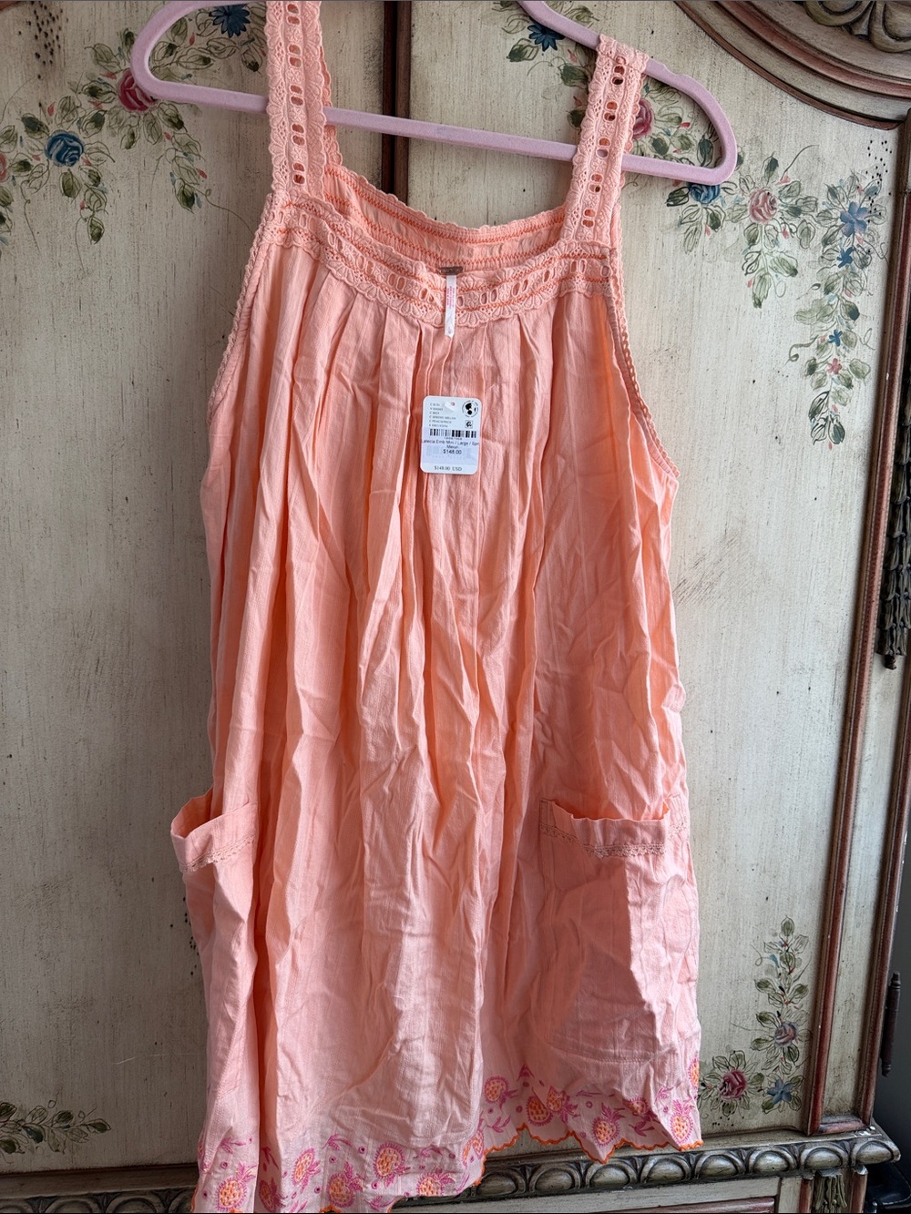 Free People Peach Crochet-Trim A-Line Dress with Pockets